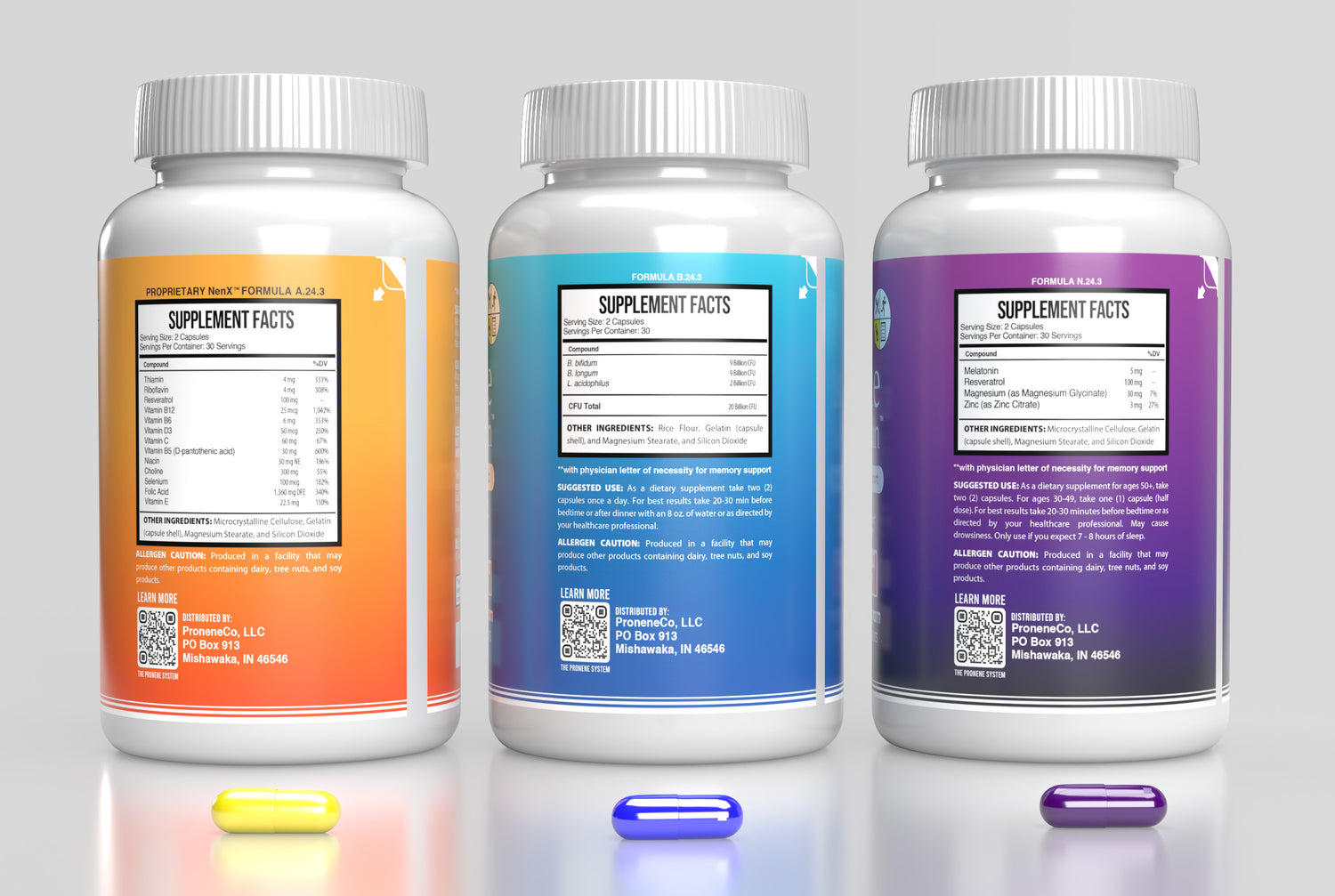 Pronene 3-Bottle Pack (60ct each): Morning Brain Multivitamin, Advanced Probiotic, Deep Sleep Support