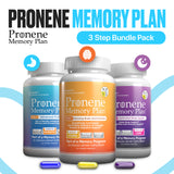 Three bottles of Pronene Memory Plan supplements, each labeled for a different step in the 3-step bundle pack. The bottles are displayed against a white background with graphics indicating memory support, brain function, and sleep aid.