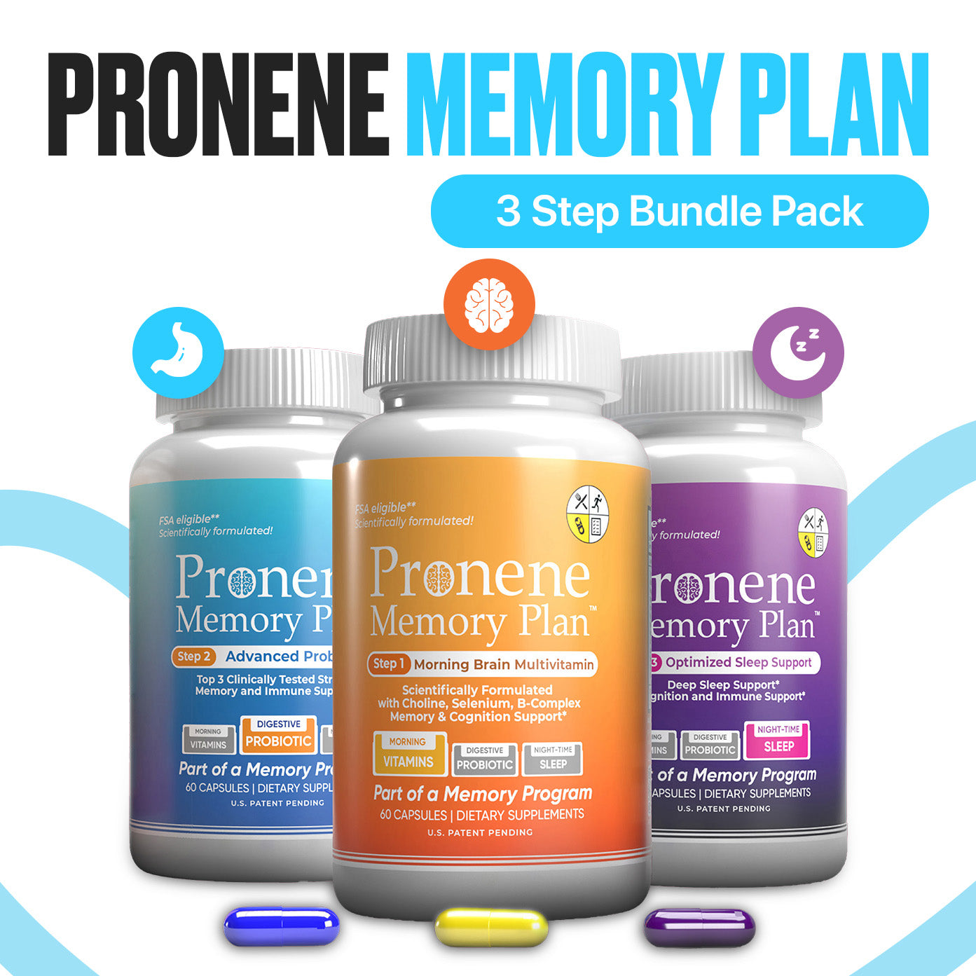 Pronene 3-Bottle Pack (60ct each): Morning Brain Multivitamin, Advanced Probiotic, Deep Sleep Support
